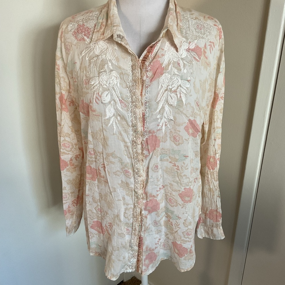 Vintage GOA Light Pink Floral Button Down 100% Cotton Made in India Medium - Picture 2 of 7